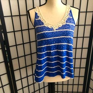 Express blue and cream stripe sequined tank top with lace detail. Size XS